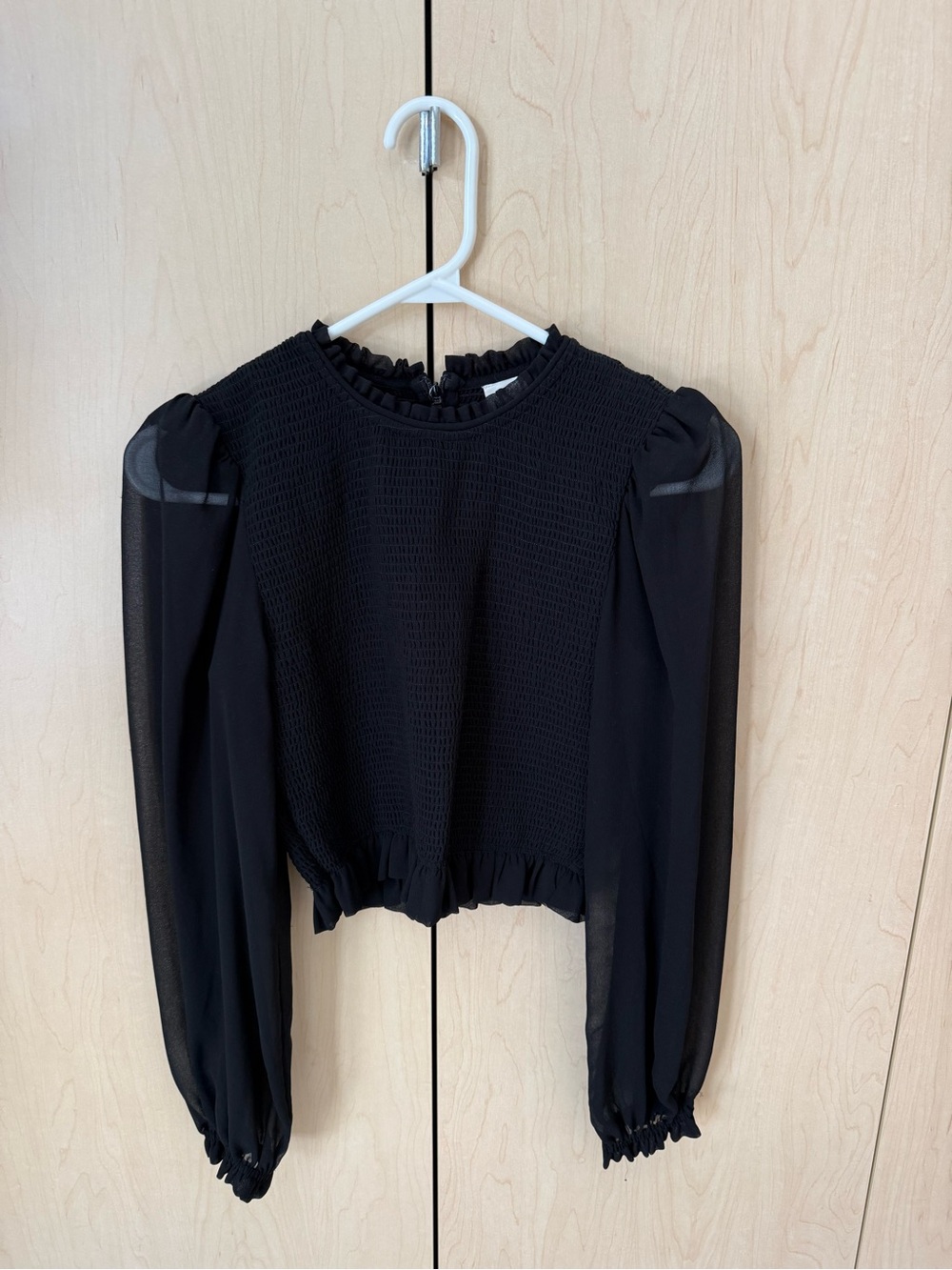 Wilfred Black Smocked Ruffle-Neck Long Sleeve Blouse